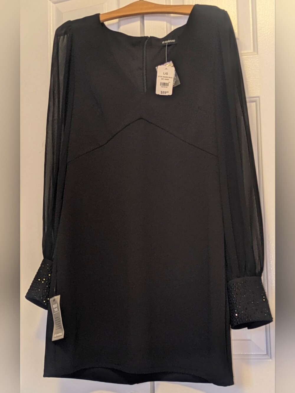 BNWT Le Chateau SzLg Little Black Dress Sheer-Long-Sleeve Mini with Beaded Cuffs